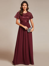 Load image into Gallery viewer, Color=Burgundy | Round-Neck Sequin Chiffon High Waist Formal Evening Dress With Short Sleeves-Burgundy 5