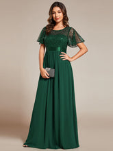 Load image into Gallery viewer, Color=Dark Green | Round-Neck Sequin Chiffon High Waist Formal Evening Dress With Short Sleeves-Dark Green 15