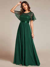 Load image into Gallery viewer, Color=Dark Green | Round-Neck Sequin Chiffon High Waist Formal Evening Dress With Short Sleeves-Dark Green 