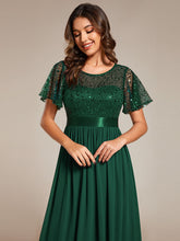 Load image into Gallery viewer, Color=Dark Green | Round-Neck Sequin Chiffon High Waist Formal Evening Dress With Short Sleeves-Dark Green