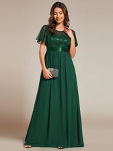 Load image into Gallery viewer, Color=Dark Green | Round-Neck Sequin Chiffon High Waist Formal Evening Dress With Short Sleeves-Dark Green 13