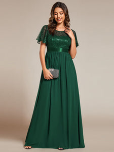 Color=Dark Green | Round-Neck Sequin Chiffon High Waist Formal Evening Dress With Short Sleeves-Dark Green 13