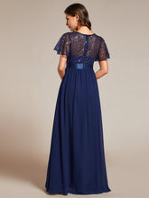 Load image into Gallery viewer, Color=Navy Blue | Round-Neck Sequin Chiffon High Waist Formal Evening Dress With Short Sleeves-Navy Blue