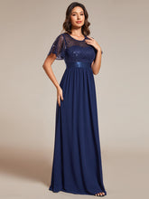 Load image into Gallery viewer, Color=Navy Blue | Round-Neck Sequin Chiffon High Waist Formal Evening Dress With Short Sleeves-Navy Blue