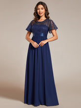 Load image into Gallery viewer, Color=Navy Blue | Round-Neck Sequin Chiffon High Waist Formal Evening Dress With Short Sleeves-Navy Blue