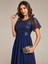Load image into Gallery viewer, Color=Navy Blue | Round-Neck Sequin Chiffon High Waist Formal Evening Dress With Short Sleeves-Navy Blue 