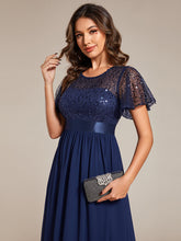 Load image into Gallery viewer, Color=Navy Blue | Round-Neck Sequin Chiffon High Waist Formal Evening Dress With Short Sleeves-Navy Blue