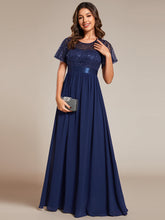 Load image into Gallery viewer, Color=Navy Blue | Round-Neck Sequin Chiffon High Waist Formal Evening Dress With Short Sleeves-Navy Blue
