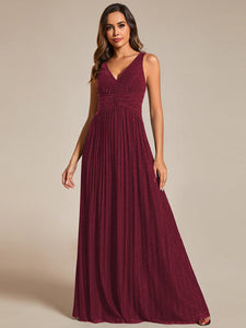Color=Burgundy | Glittery Pleated Empire Waist Sleeveless Formal Evening Dress-Burgundy 4