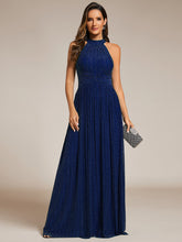 Load image into Gallery viewer, Color=Navy Blue | Glittery Halter Neck Pleated Formal Wholesale Evening Dress-Navy Blue 21