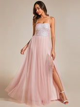 Load image into Gallery viewer, Color=Pink | Sequin Tulle Spaghetti Strap High Split Wholesale Bridesmaid Dress-Pink 1
