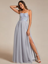 Load image into Gallery viewer, Sequin Tulle Spaghetti Strap High Split Wholesale Bridesmaid Dress
