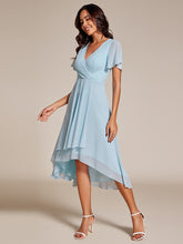 Load image into Gallery viewer, Color=Sky Blue | V-Neck Midi Chiffon Wedding Guest Dresses with Ruffles Sleeve-Sky Blue 5