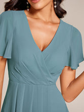Load image into Gallery viewer, Color=Dusty Blue | V-Neck Midi Chiffon Wedding Guest Dresses with Ruffles Sleeve-Dusty Blue 3