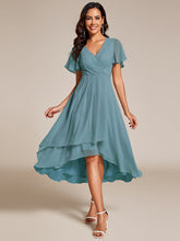 Load image into Gallery viewer, Color=Dusty Blue | V-Neck Midi Chiffon Wedding Guest Dresses with Ruffles Sleeve-Dusty Blue 5