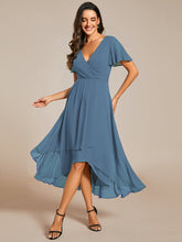 Load image into Gallery viewer, Color=Dusty Navy| V-Neck Midi Chiffon Wedding Guest Dresses with Ruffles Sleeve-Dusty Navy 6