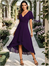 Load image into Gallery viewer, Color=Dark Purple | V-Neck Midi Chiffon Wedding Guest Dresses with Ruffles Sleeve-Dark Purple 1