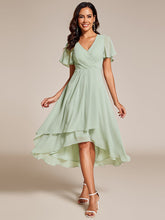 Load image into Gallery viewer, Color=Mint Green | V-Neck Midi Chiffon Wedding Guest Dresses with Ruffles Sleeve-Mint Green 1