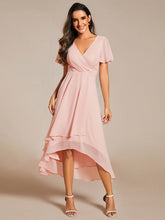 Load image into Gallery viewer, Color=Pink | V-Neck Midi Chiffon Wedding Guest Dresses with Ruffles Sleeve-Pink 1