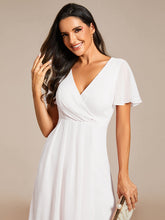 Load image into Gallery viewer, Color=White| V-Neck Midi Chiffon Wedding Guest Dresses with Ruffles Sleeve-White 5