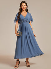 Load image into Gallery viewer, Color=Dusty Navy | Applique V Neck Tea Length Wedding Guest Dress With Short Sleeves-Dusty Navy