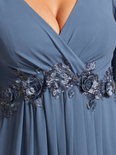 Load image into Gallery viewer, Color=Dusty Navy | Applique V Neck Tea Length Wedding Guest Dress With Short Sleeves-Dusty Navy