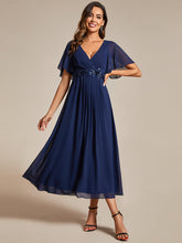 Load image into Gallery viewer, Color=Navy Blue | Applique V Neck Tea Length Wedding Guest Dress With Short Sleeves-Navy Blue