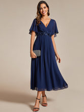 Load image into Gallery viewer, Color=Navy Blue | Applique V Neck Tea Length Wedding Guest Dress With Short Sleeves-Navy Blue