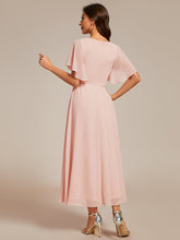 Load image into Gallery viewer, Color=Pink | Applique V Neck Tea Length Wedding Guest Dress With Short Sleeves-