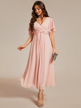 Load image into Gallery viewer, Color=Pink | Applique V Neck Tea Length Wedding Guest Dress With Short Sleeves-