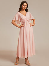 Load image into Gallery viewer, Color=Pink | Applique V Neck Tea Length Wedding Guest Dress With Short Sleeves-
