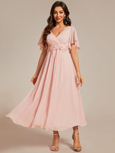 Load image into Gallery viewer, Color=Pink | Applique V Neck Tea Length Wedding Guest Dress With Short Sleeves-