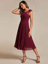 Load image into Gallery viewer, Color=Burgundy | Embroidery Round Neck Tea Length Wedding Guest Dress With Raglan Sleeves-Burgundy 4