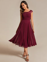 Load image into Gallery viewer, Color=Burgundy | Embroidery Round Neck Tea Length Wedding Guest Dress With Raglan Sleeves-Burgundy 1