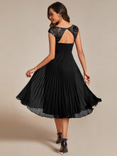 Load image into Gallery viewer, Color=Black | Embroidery Round Neck Tea Length Wedding Guest Dress With Raglan Sleeves-Black 11