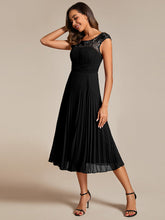 Load image into Gallery viewer, Color=Black | Embroidery Round Neck Tea Length Wedding Guest Dress With Raglan Sleeves-Black 10