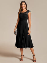 Load image into Gallery viewer, Color=Black | Embroidery Round Neck Tea Length Wedding Guest Dress With Raglan Sleeves-Black 8