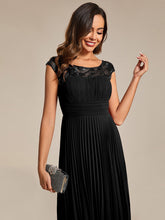 Load image into Gallery viewer, Color=Black | Embroidery Round Neck Tea Length Wedding Guest Dress With Raglan Sleeves-Black 9