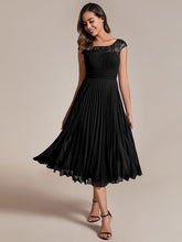 Load image into Gallery viewer, Color=Black | Embroidery Round Neck Tea Length Wedding Guest Dress With Raglan Sleeves-Black 12