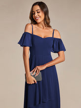 Load image into Gallery viewer, Color=Navy Blue | Chiffon Spaghetti Strap Cold Shoulder Tea Length Wedding Guest Dress-Navy Blue