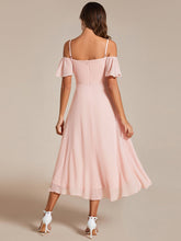Load image into Gallery viewer, Color=Pink | Chiffon Spaghetti Strap Cold Shoulder Tea Length Wedding Guest Dress-Pink