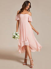 Load image into Gallery viewer, Color=Pink | Chiffon Spaghetti Strap Cold Shoulder Tea Length Wedding Guest Dress-Pink