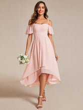 Load image into Gallery viewer, Color=Pink | Chiffon Spaghetti Strap Cold Shoulder Tea Length Wedding Guest Dress-Pink