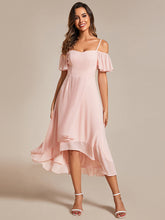 Load image into Gallery viewer, Color=Pink | Chiffon Spaghetti Strap Cold Shoulder Tea Length Wedding Guest Dress-Pink