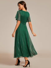 Load image into Gallery viewer, Color=Dark Green | Shimmer V Neck Tea Length Wedding Guest Dress With Short Sleeves-Dark Green
