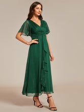 Load image into Gallery viewer, Color=Dark Green | Shimmer V Neck Tea Length Wedding Guest Dress With Short Sleeves-Dark Green