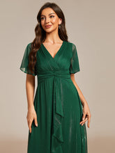 Load image into Gallery viewer, Color=Dark Green | Shimmer V Neck Tea Length Wedding Guest Dress With Short Sleeves-Dark Green