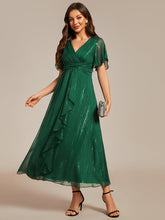 Load image into Gallery viewer, Color=Dark Green | Shimmer V Neck Tea Length Wedding Guest Dress With Short Sleeves-Dark Green