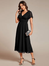 Load image into Gallery viewer, Color=Black | Classical Ruffles Sleeve Ruched Empire Waist Midi Length Chiffon Dresses with Lining-Black 18