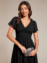 Load image into Gallery viewer, Color=Black | Classical Ruffles Sleeve Ruched Empire Waist Midi Length Chiffon Dresses with Lining-Black 20